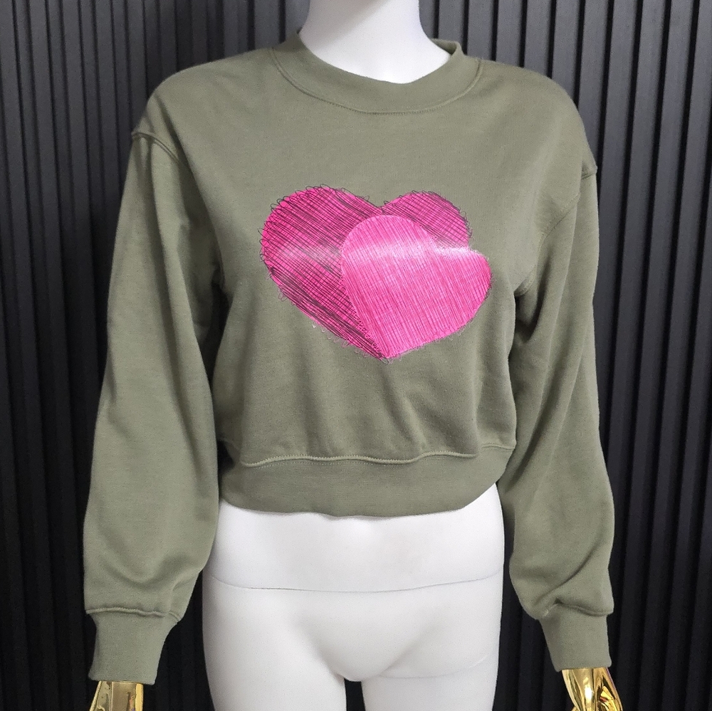 H&M Olive Green Sweater with Pink Heart